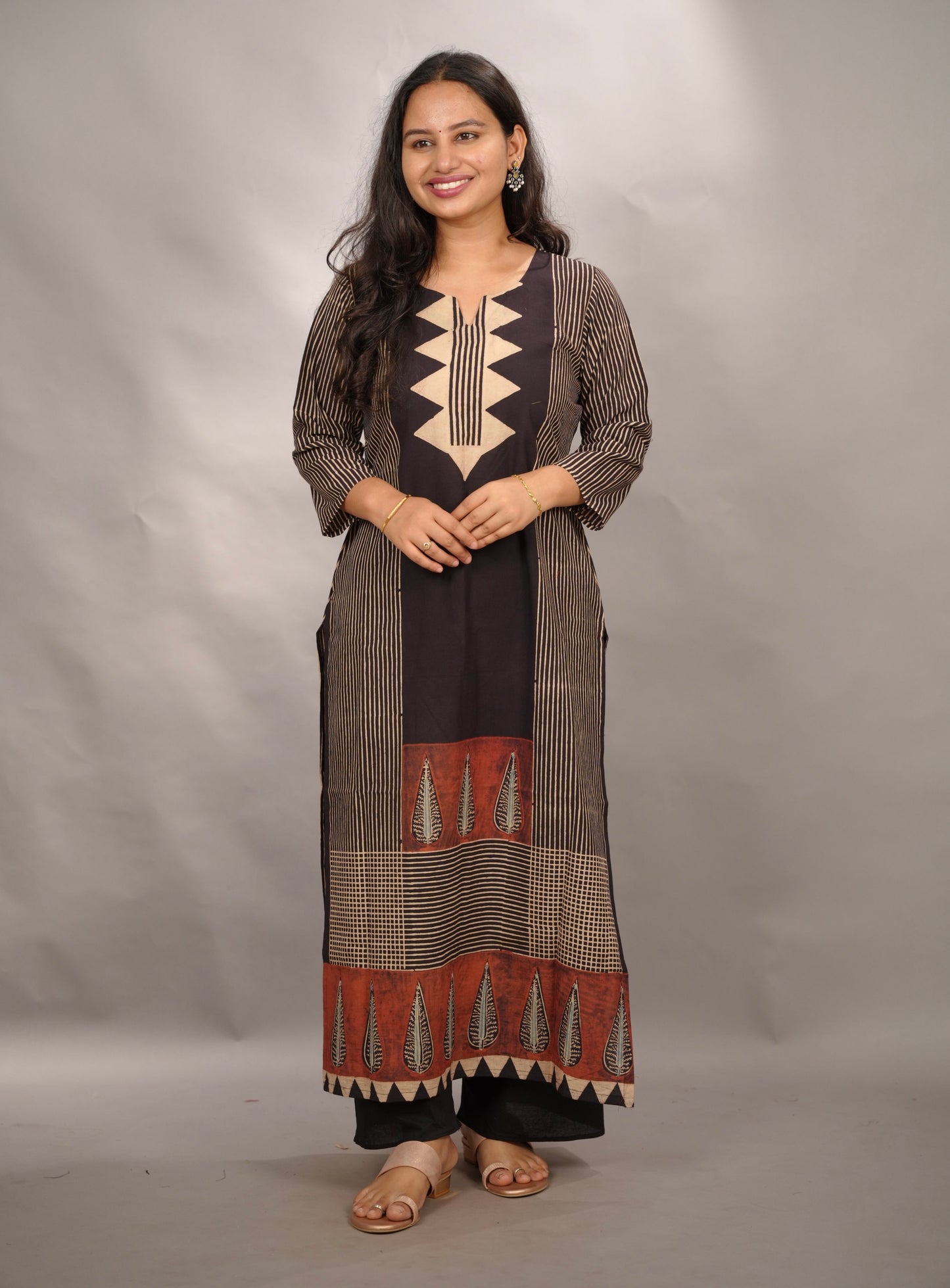Black Ajrakh Pattern Hand Block printed Kurti | Looms & Tassels