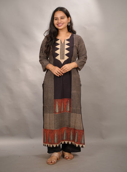 Black Ajrakh Pattern Hand Block printed Kurti | Looms & Tassels