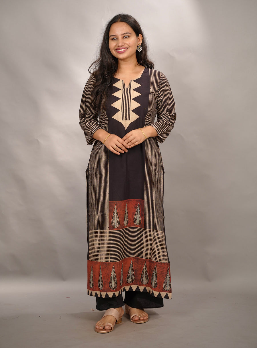 Black Ajrakh Pattern Hand Block printed Kurti | Looms & Tassels