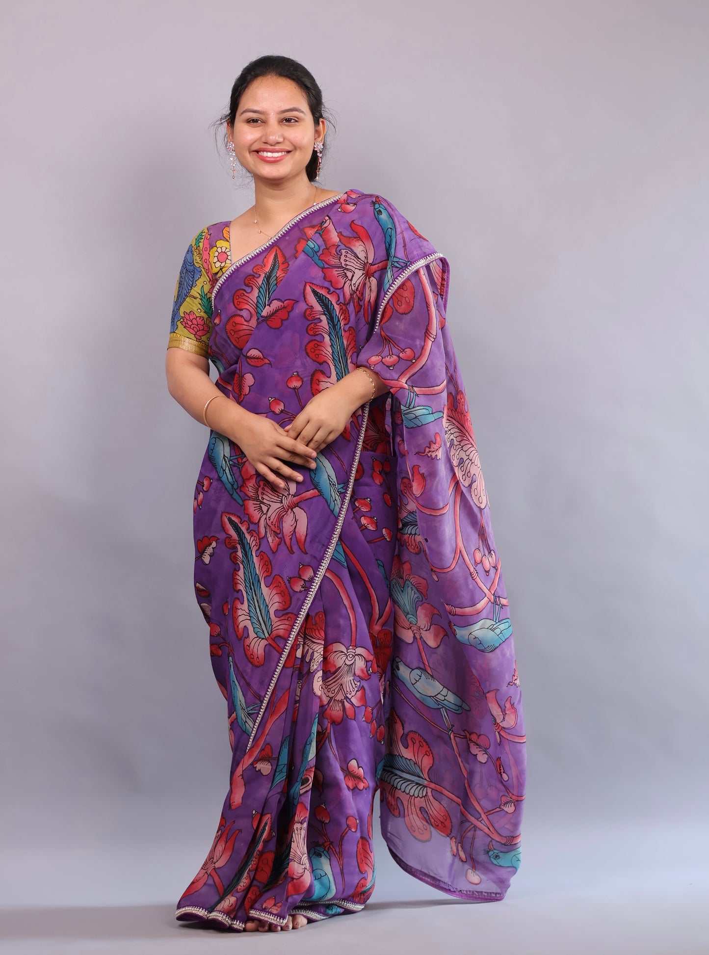 Purple Hand Painted Pen Kalamkari Organza Saree