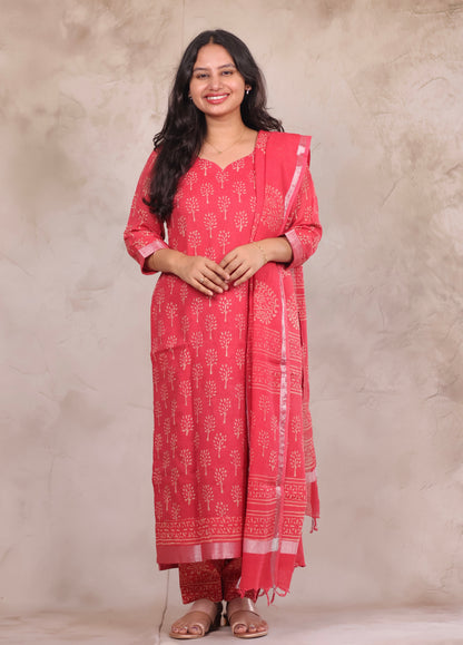 Pink Linen Cotton Handblock printed 3 piece suit (stitched)