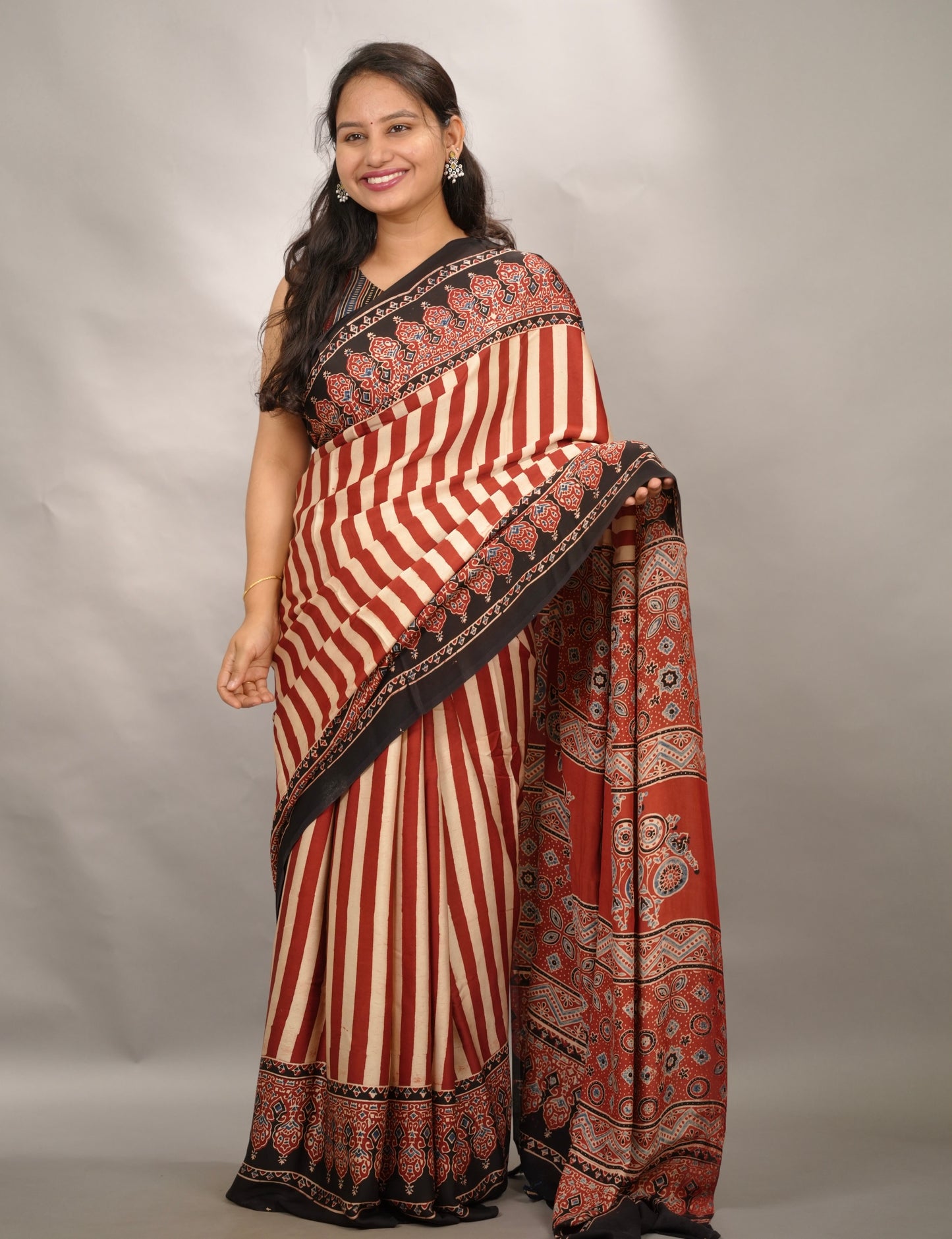 Authentic Red And Cream Stripes Ajrakh Handblock Printed Modal Silk Saree | Looms & Tassels