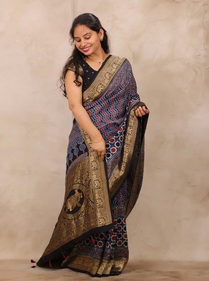 Indigo Ajrakh Handblock printed Dola Silk Saree | Looms & Tassels
