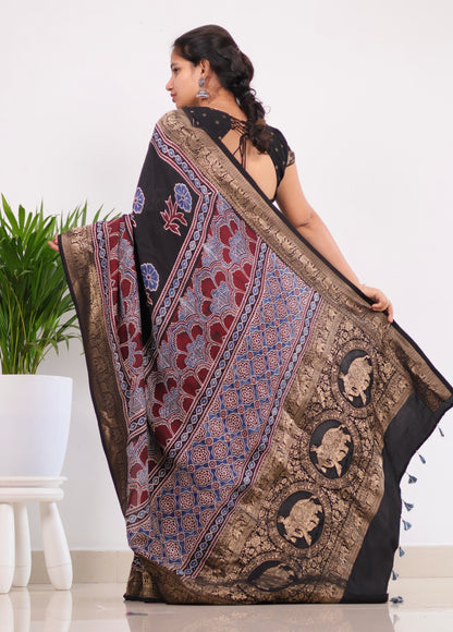 Black Ajrakh Dola Silk Saree