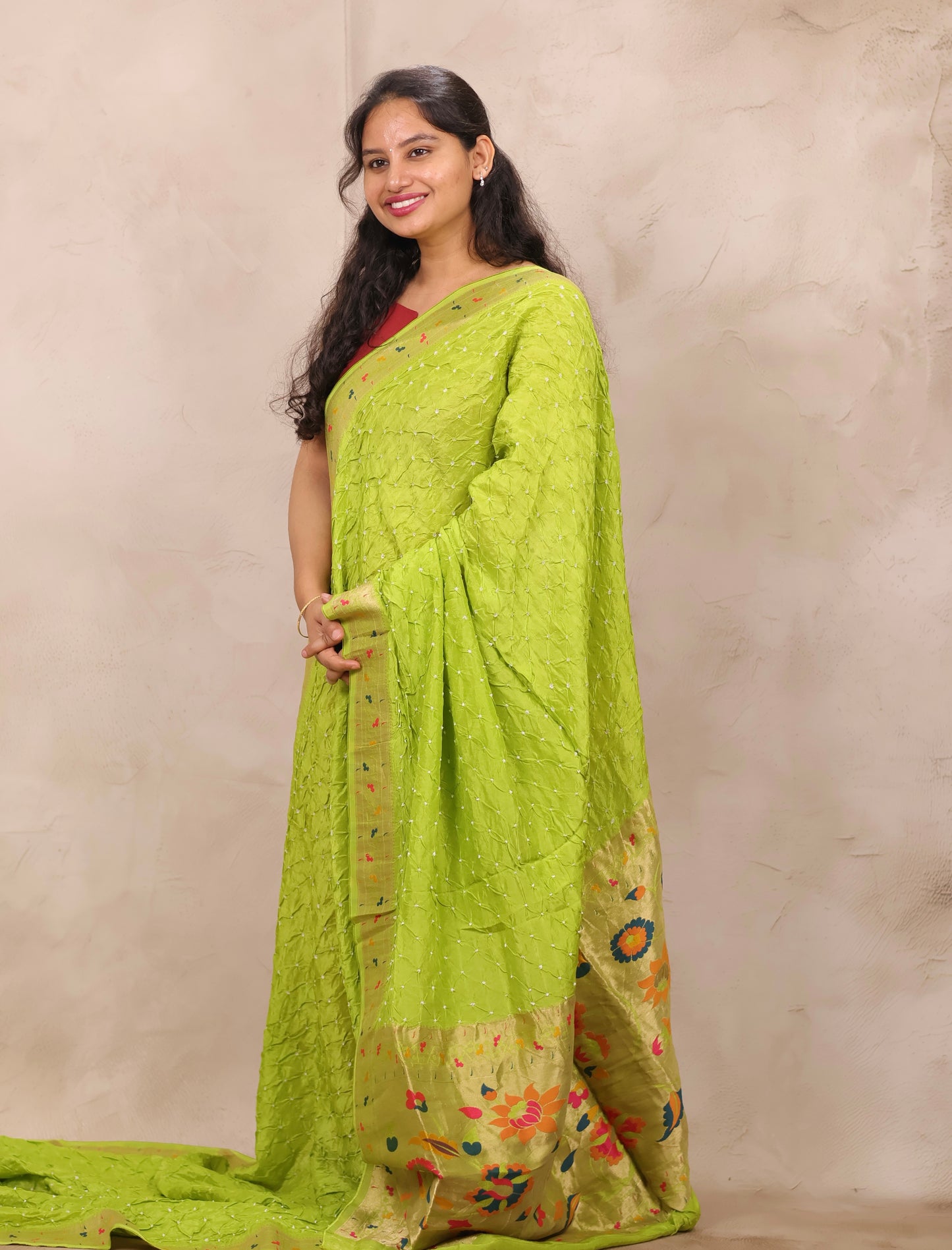 Lemon Green Handcrafted Bandhani Paithani Dola Silk Saree | Looms & Tassels