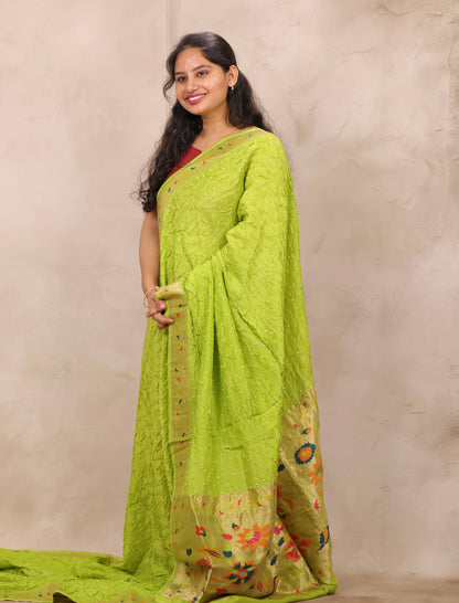 Lemon Green Handcrafted Bandhani Paithani Dola Silk Saree | Looms & Tassels