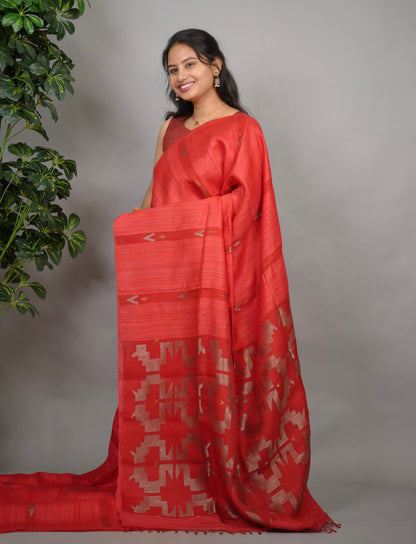 Red Handloom Jamdhani Pure Matka Silk Saree with Muslin Silk Pallu