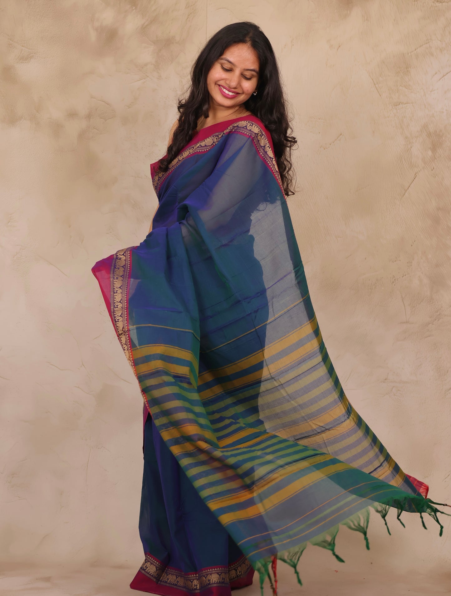 Peacock Blue Narayanpet Cotton Saree with Elephant Border | Looms & Tassels