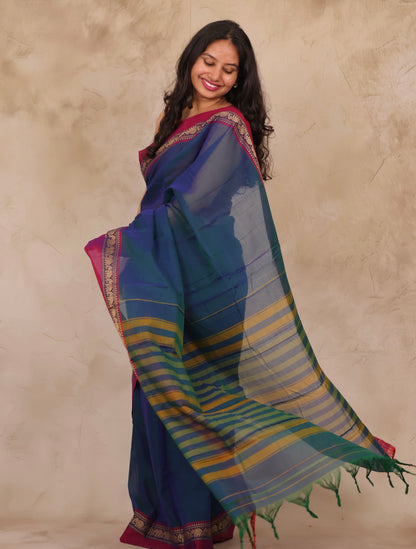 Peacock Blue Narayanpet Cotton Saree with Elephant Border | Looms & Tassels