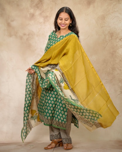 Green Handblock printed Pure Chenderi Silk 3 piece suit (stitched) | Looms & Tassels