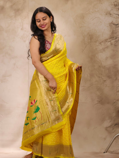 Yellow Handcrafted Bandhani Paithani Dola Silk Saree | Looms & Tassels