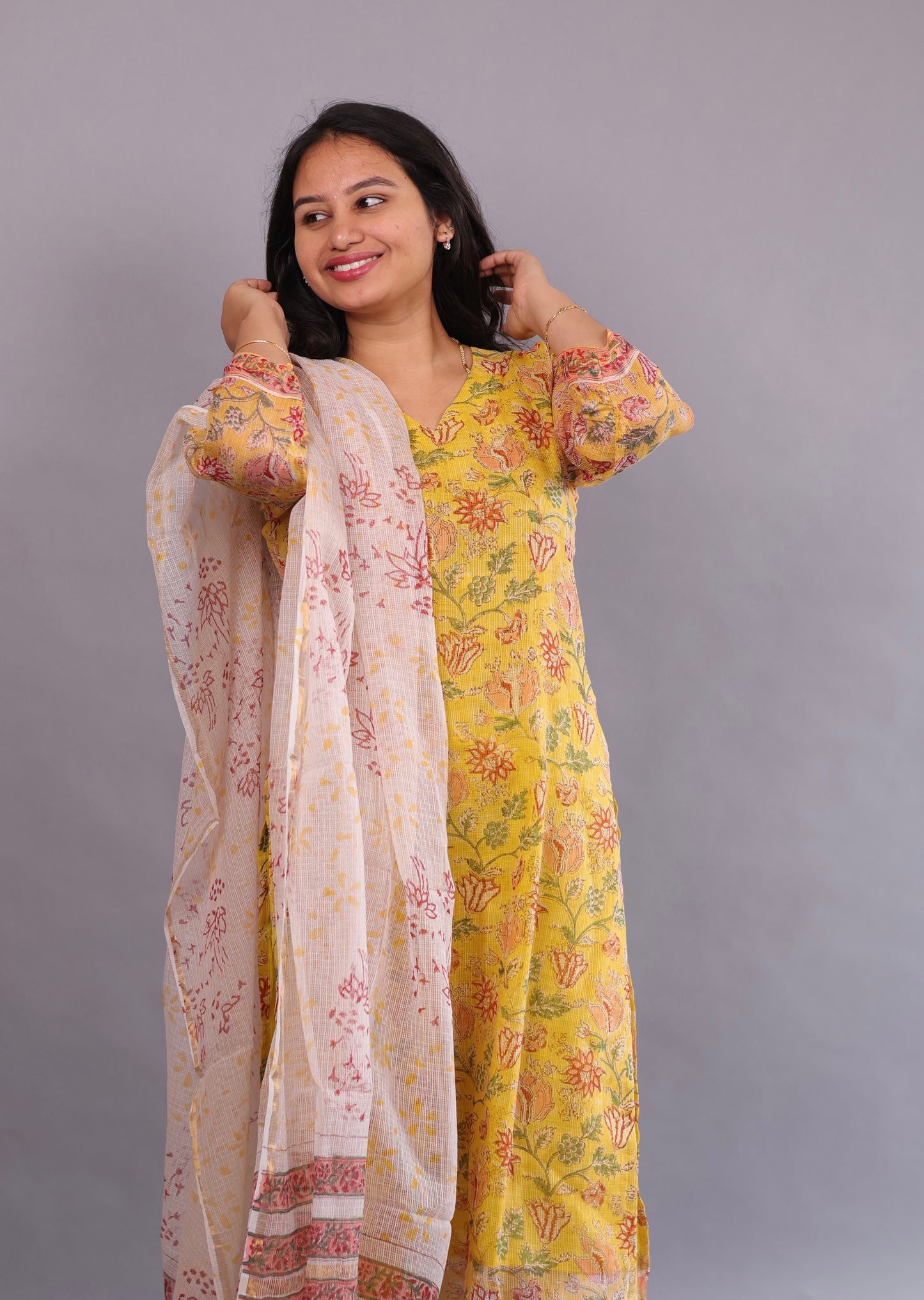 Yellow Handblock printed kota 3 piece suit (stitched)