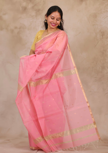 Baby Pink Handloom Maheswari Silk Cotton Sarees | Looms & Tassels