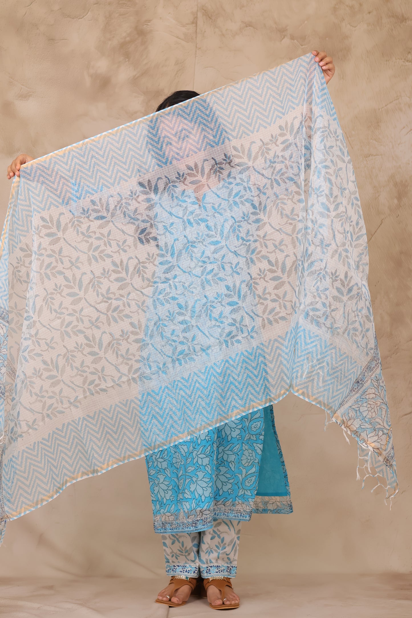 Ice Blue Handblock printed kota 3 piece suit (stitched)