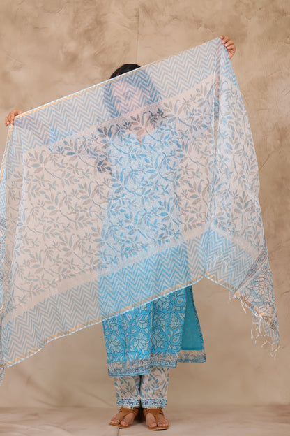 Ice Blue Handblock printed kota 3 piece suit (stitched)