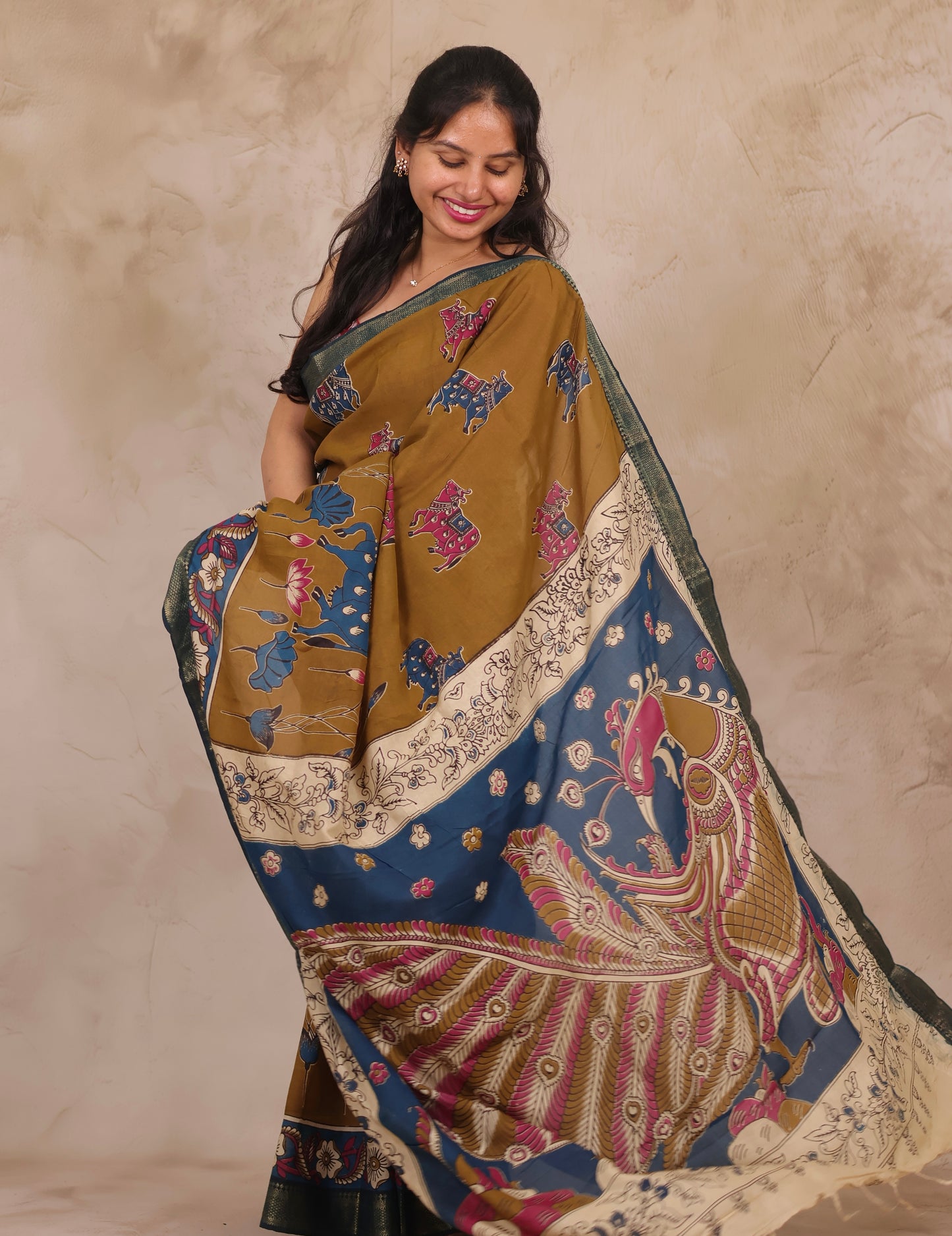 Mustard Kalamkari Nizam Border Chennur Silk Saree | Looms & Tassels
