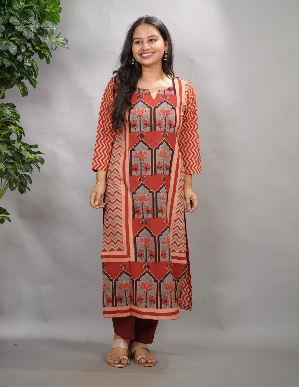 Red Ajrakh Pattern Hand Block printed Kurti | Looms & Tassels