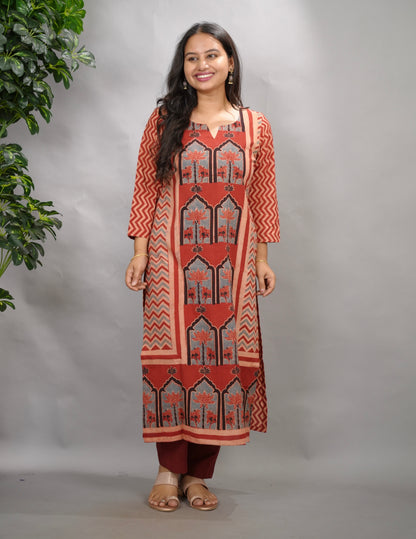 Red Ajrakh Pattern Hand Block printed Kurti | Looms & Tassels
