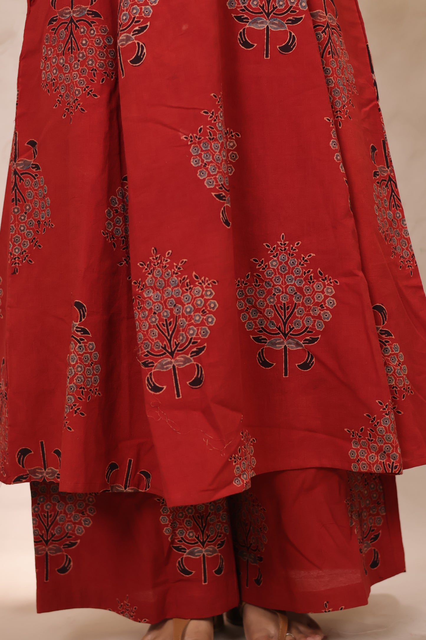 Red Ajrakh Handblock Printed Kali Kurti Co-ord Set (Pure Cotton ) | Looms & Tassels