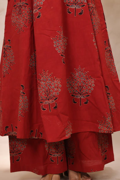 Red Ajrakh Handblock Printed Kali Kurti Co-ord Set (Pure Cotton ) | Looms & Tassels