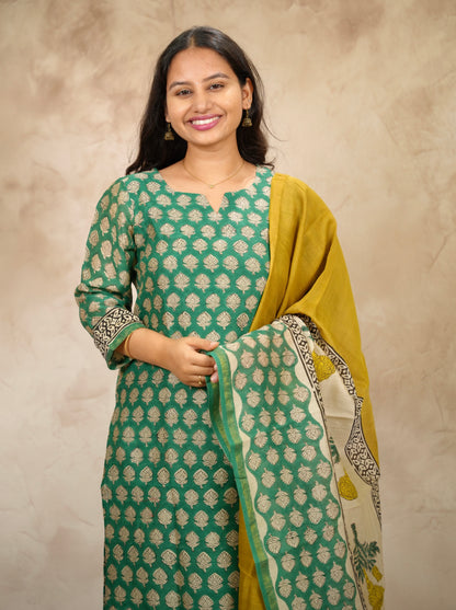 Green Handblock printed Pure Chenderi Silk 3 piece suit (stitched) | Looms & Tassels