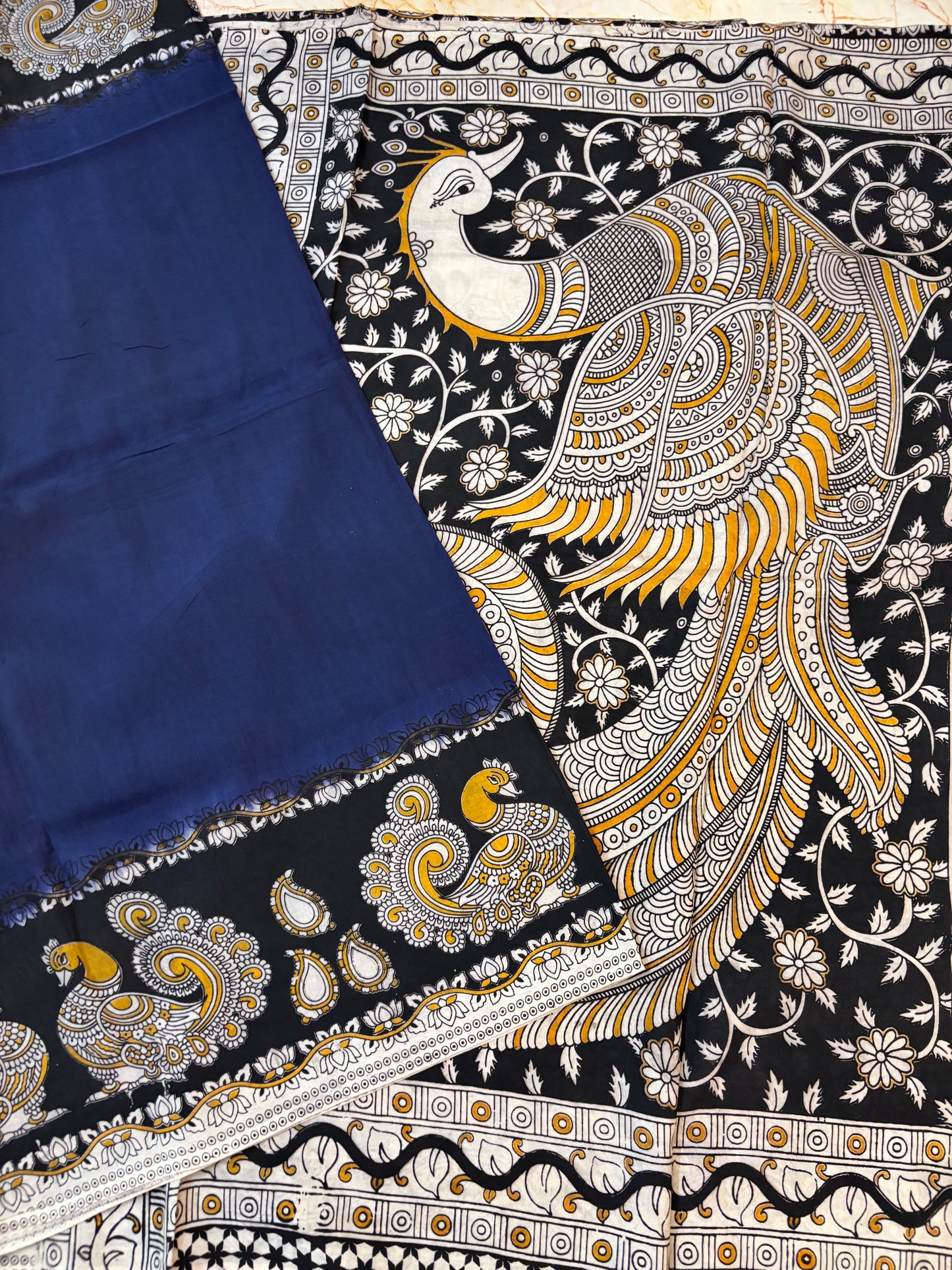Blue & Black Kalamkari dyeing premium chennur silk saree