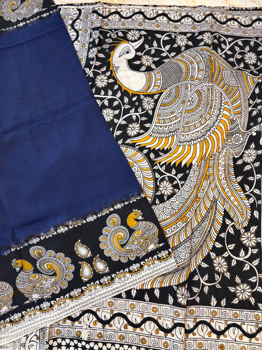 Blue & Black Kalamkari dyeing premium chennur silk saree