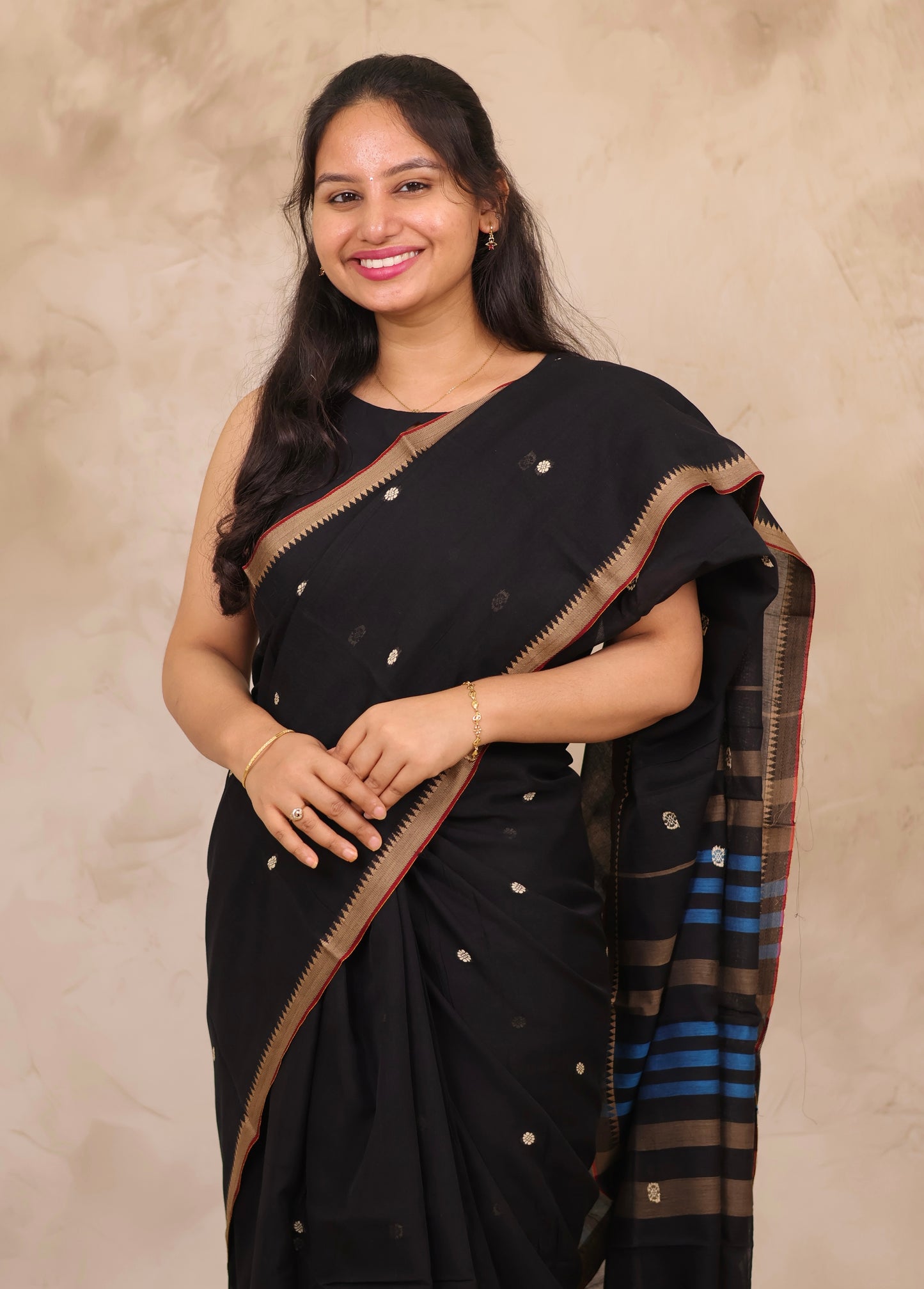 Black Narayanpet Cotton Saree With Butta Weaving | Looms & Tassels