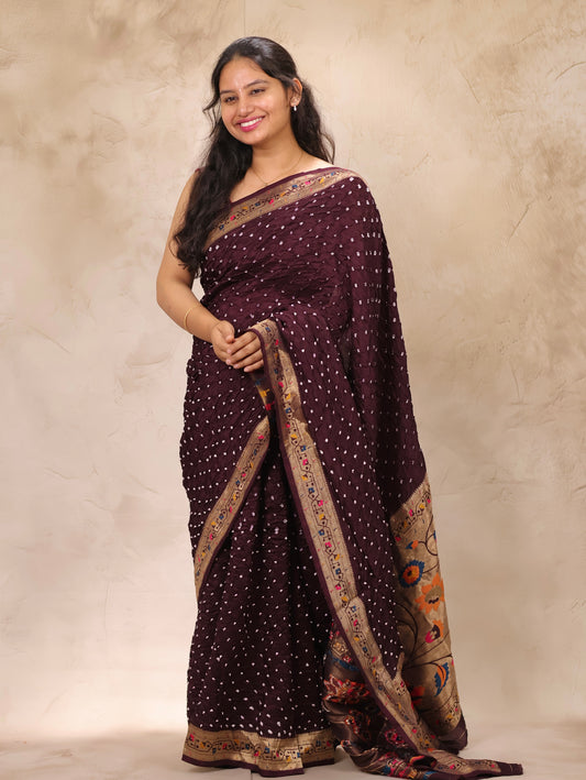 Deep purple Handcrafted Bandhani Paithani Dola Silk Saree | Looms & Tassels