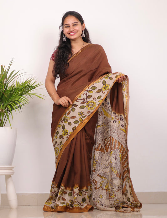 Brown Kalamkari Premium   Chennur Silk Gap Border Handcrafted Saree