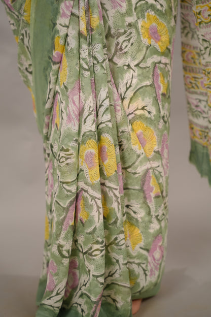 Green Georgette Hand Block Printed Saree| Looms & Tassels