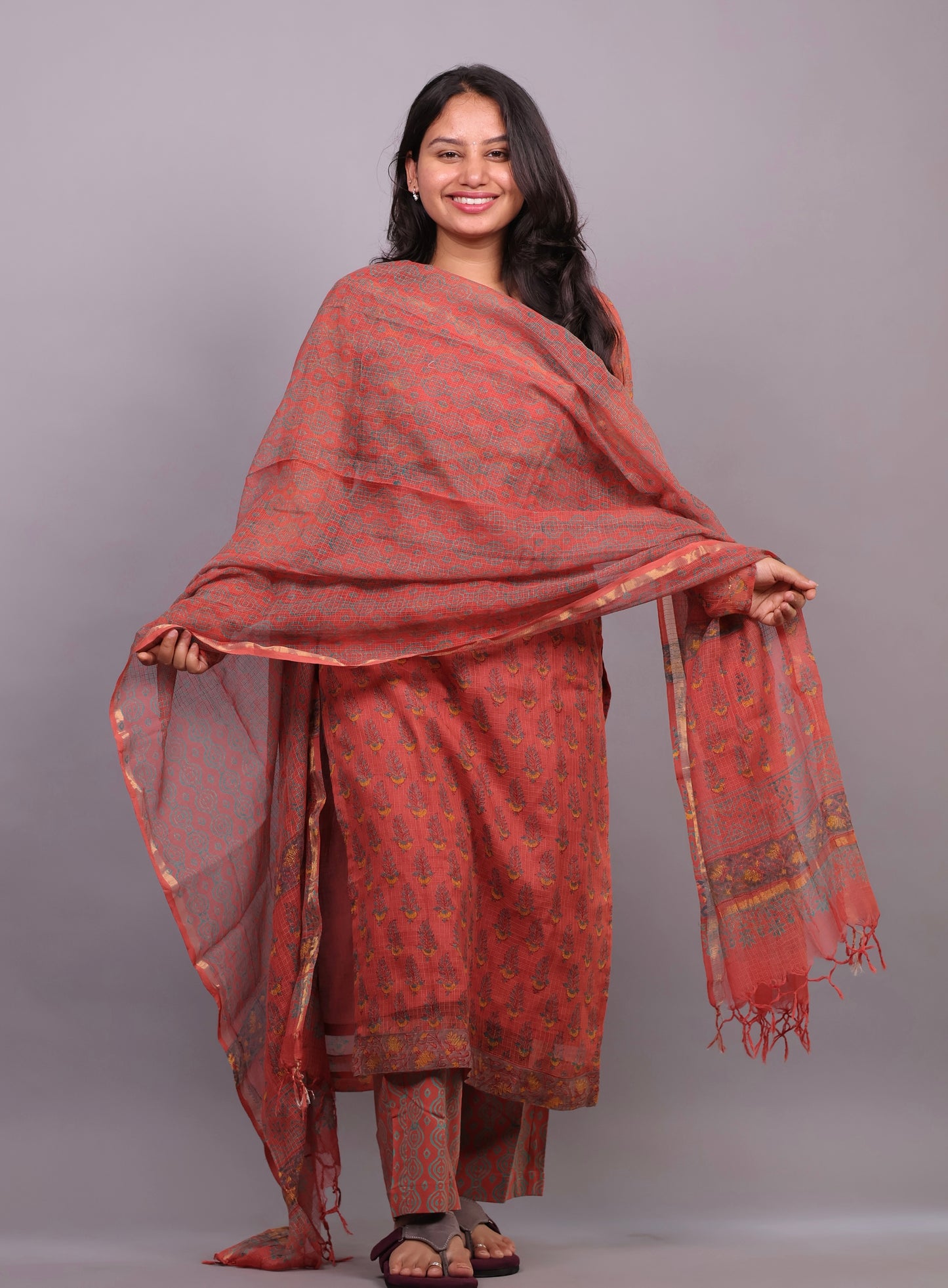Rust orange Handblock printed kota 3 piece suit with chudi sleeves (stitched)