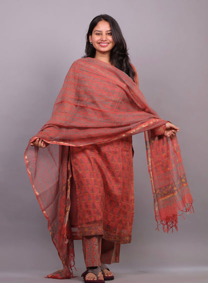 Rust orange Handblock printed kota 3 piece suit with chudi sleeves (stitched)