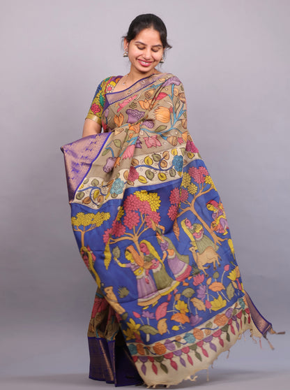 Hand Painted Pen Kalamkari Silk Saree