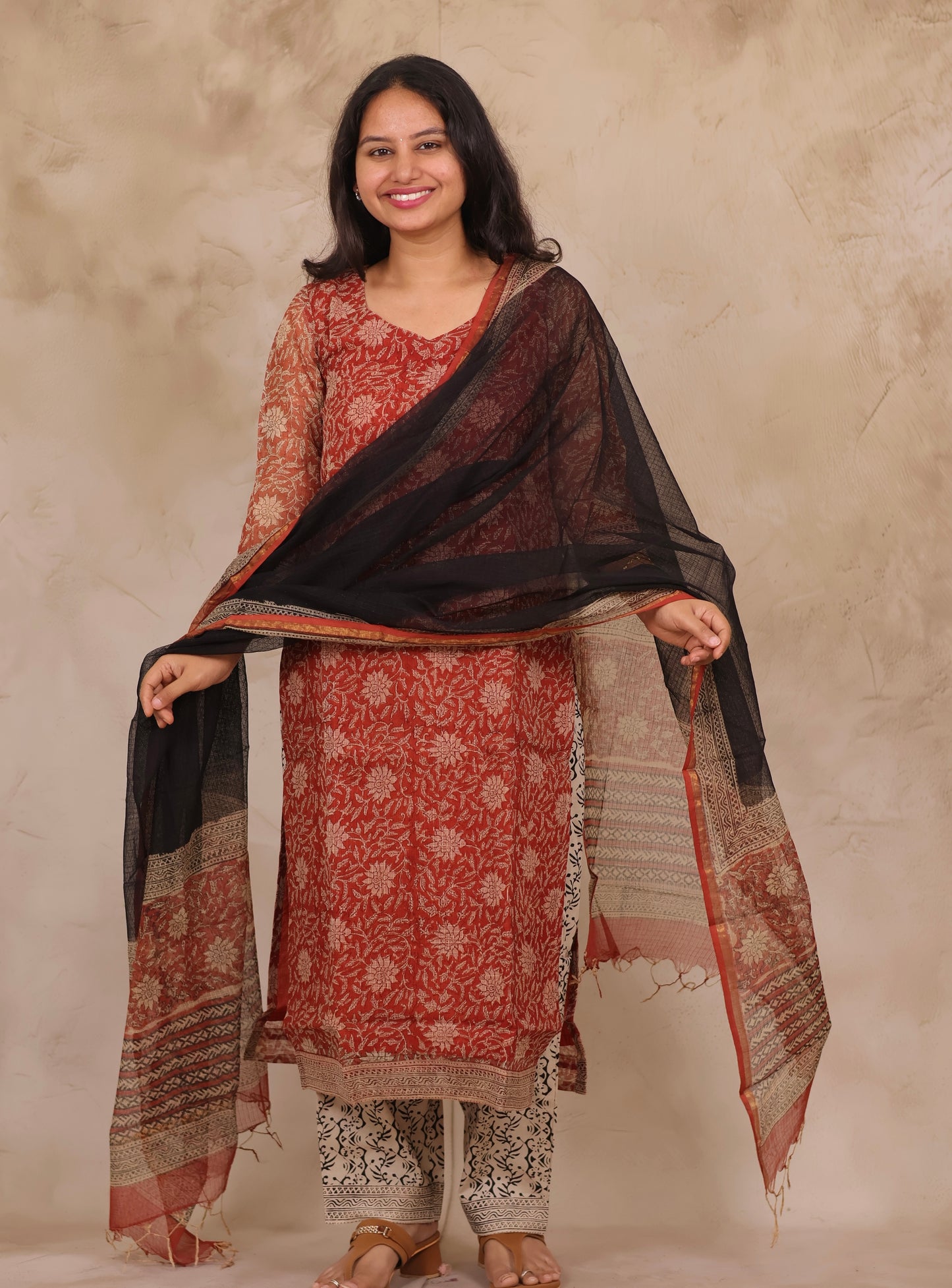 Red Handblock printed kota 3 piece suit (stitched)