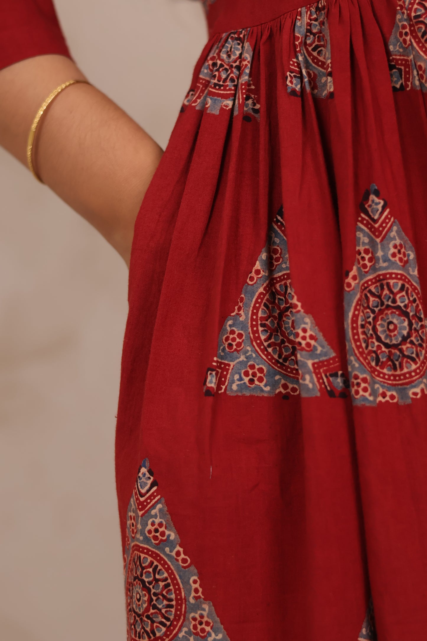 Red Pure Mul Cotton Ajrakh Aline Dress | Looms & Tassels