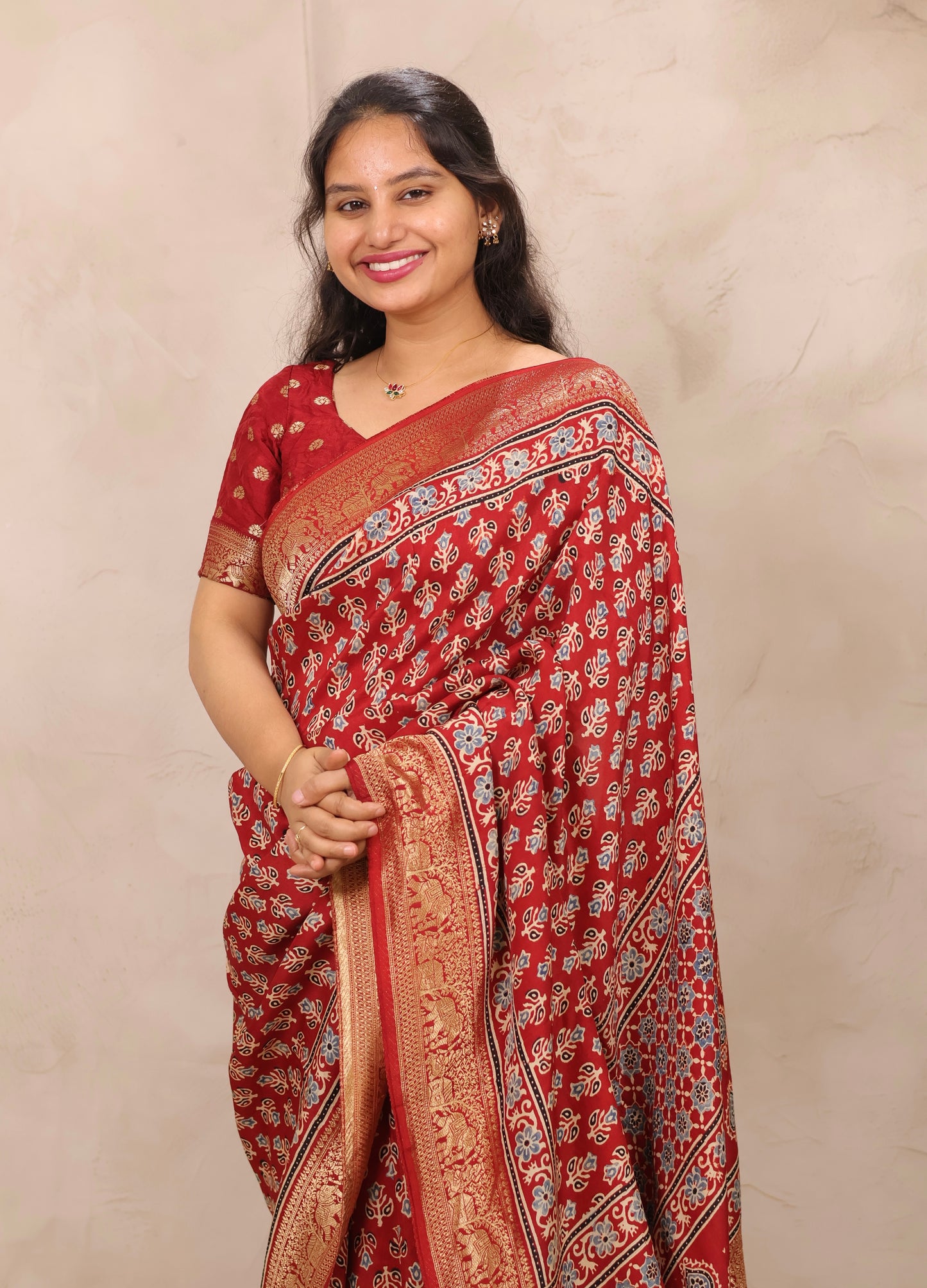 Red Ajrakh Handblock printed Dola Silk Saree | Looms & Tassels