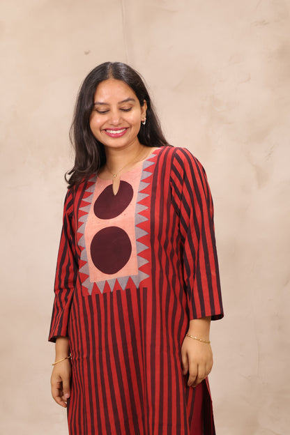 Red Contemporary Ajrakh Pattern Hand Block Cotton printed Kurti | Looms & Tassels