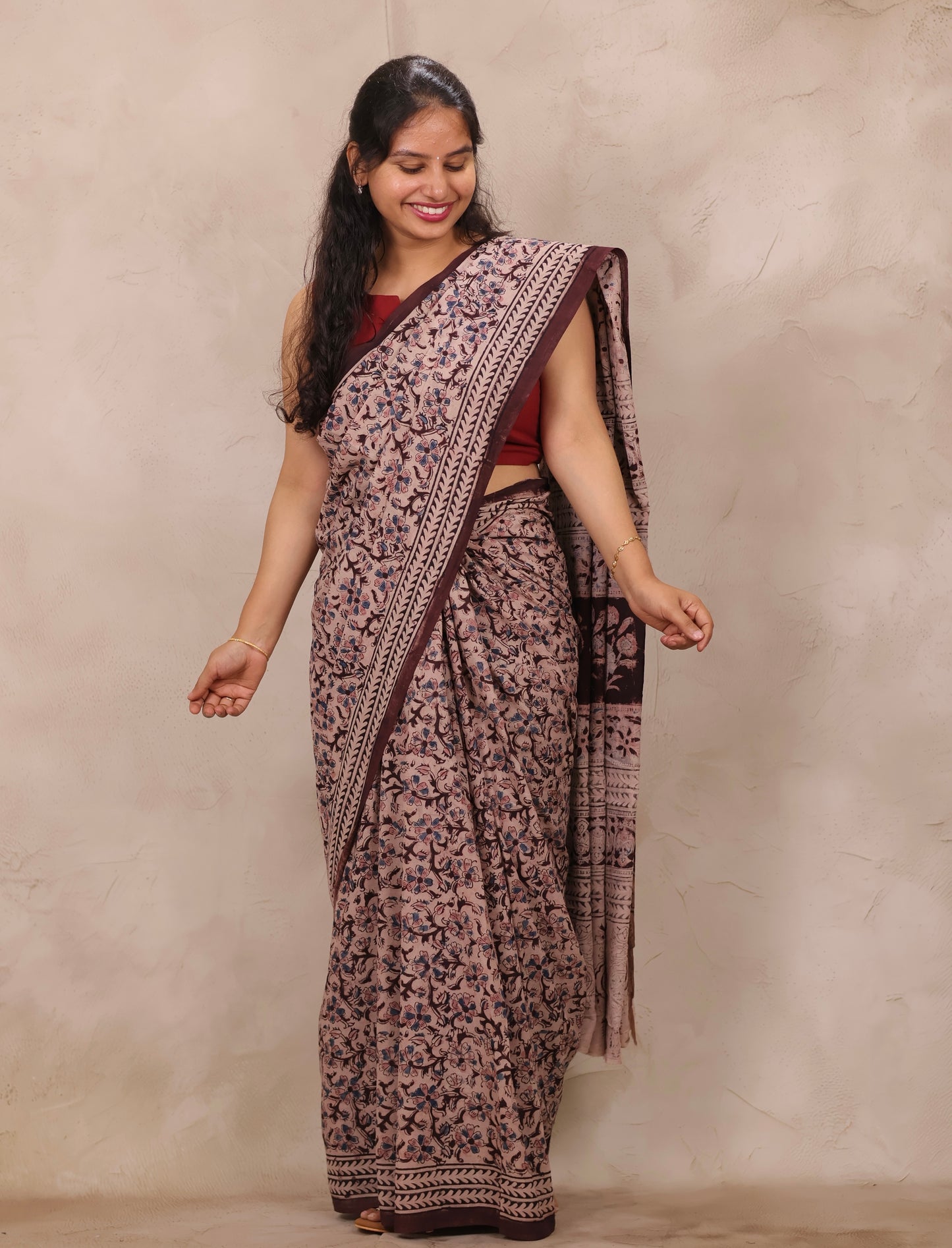 Brown Hand Block Printed Kalamkari Cotton Saree | Looms & Tassels