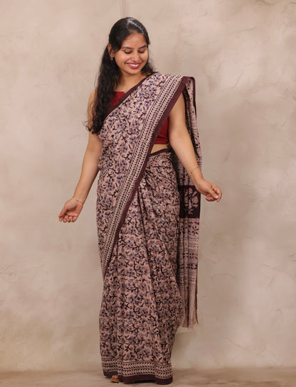 Brown Hand Block Printed Kalamkari Cotton Saree | Looms & Tassels