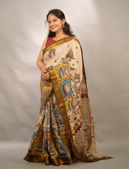 Cream Kanchi border Kalamkari chennur silk saree | Looms & Tassels