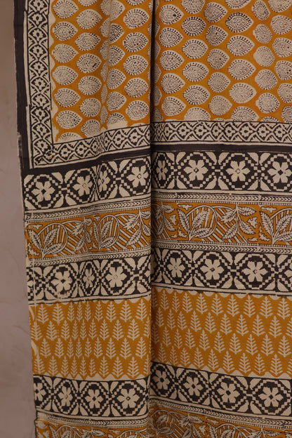Mustard Yellow Bagru Handblock printed MulMul cotton saree | Looms & Tassels