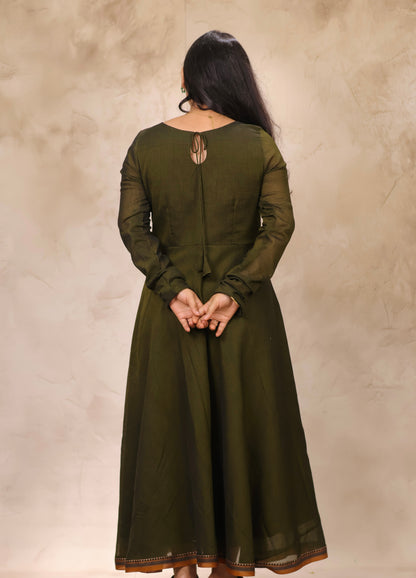 Mehendi Green Narayanpet Cotton Anarkali Dress with Narayanpet Dupatta | Looms & Tassels
