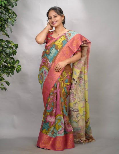 Brown Hand Drawn Pen Kalamkari Bangalore Silk Kanchi Border Saree | Looms & Tassels