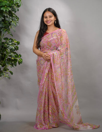 Pastel Pink Chiffon Hand Block Printed Saree | Looms & Tassels