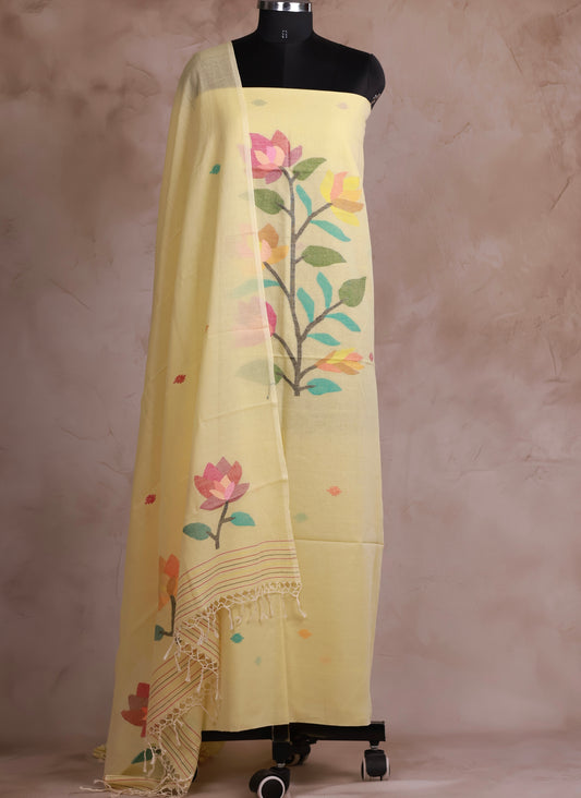 Pastel Yellow Handwoven Jamdhani weaving pure Malai cotton 2 piece suit sets | Looms & Tassels