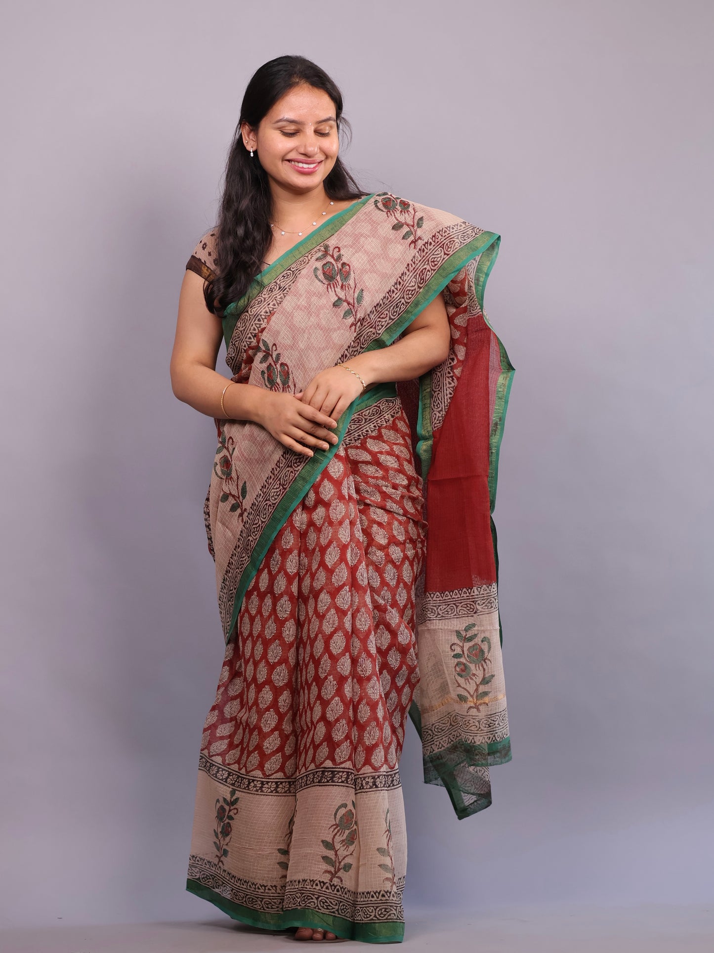 Pure Kota Doria Saree with Bagru Handblock Prints – Maroon | Looms&Tassels