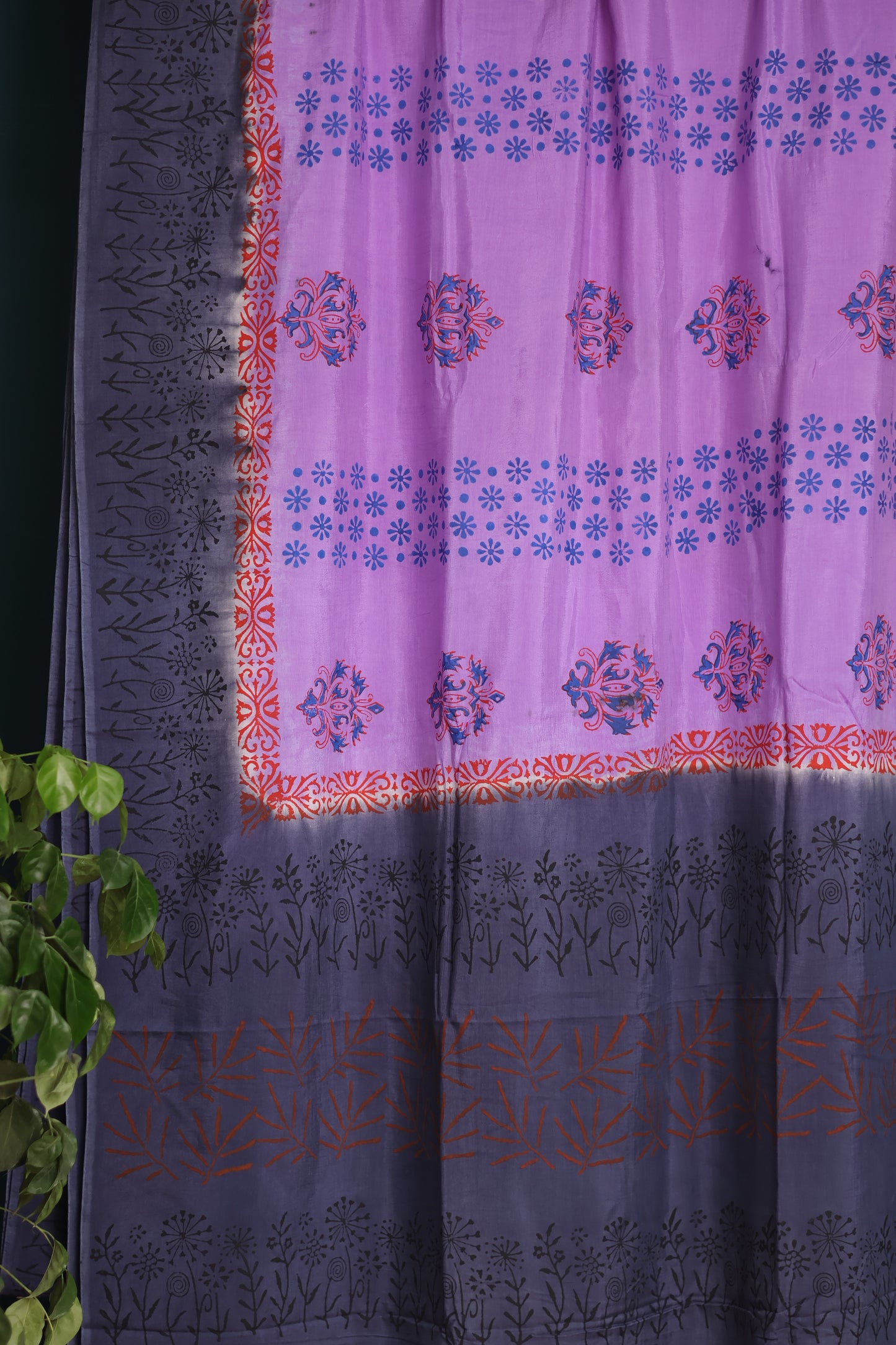Lavender Hand dyeing premium chennur silk with block prints saree