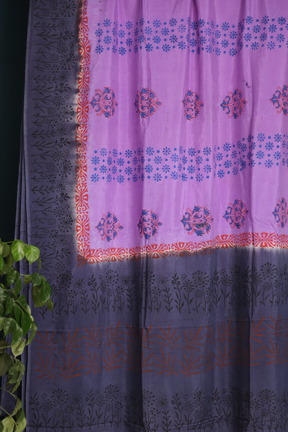Lavender Hand dyeing premium chennur silk with block prints saree