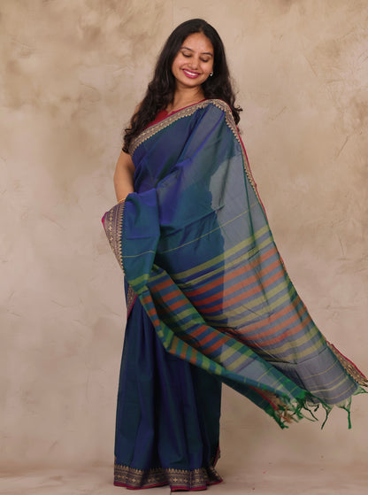 Peacock Blue Narayanpet Cotton Saree | Looms & Tassels